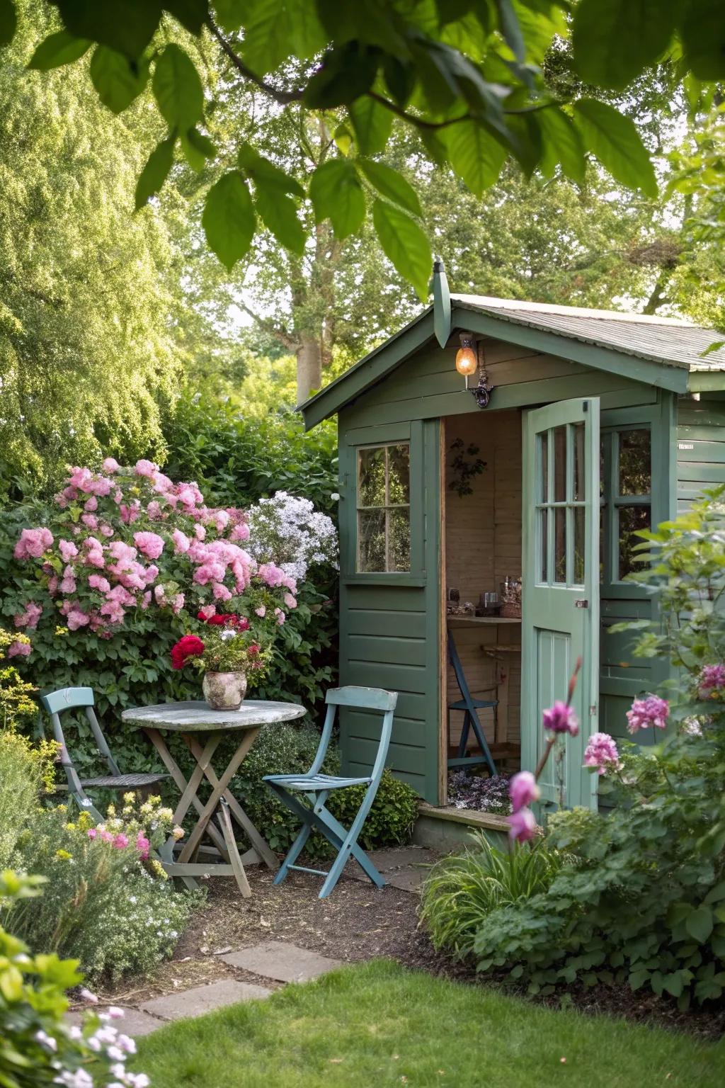 A garden shed transformed into an enchanting garden cafe.