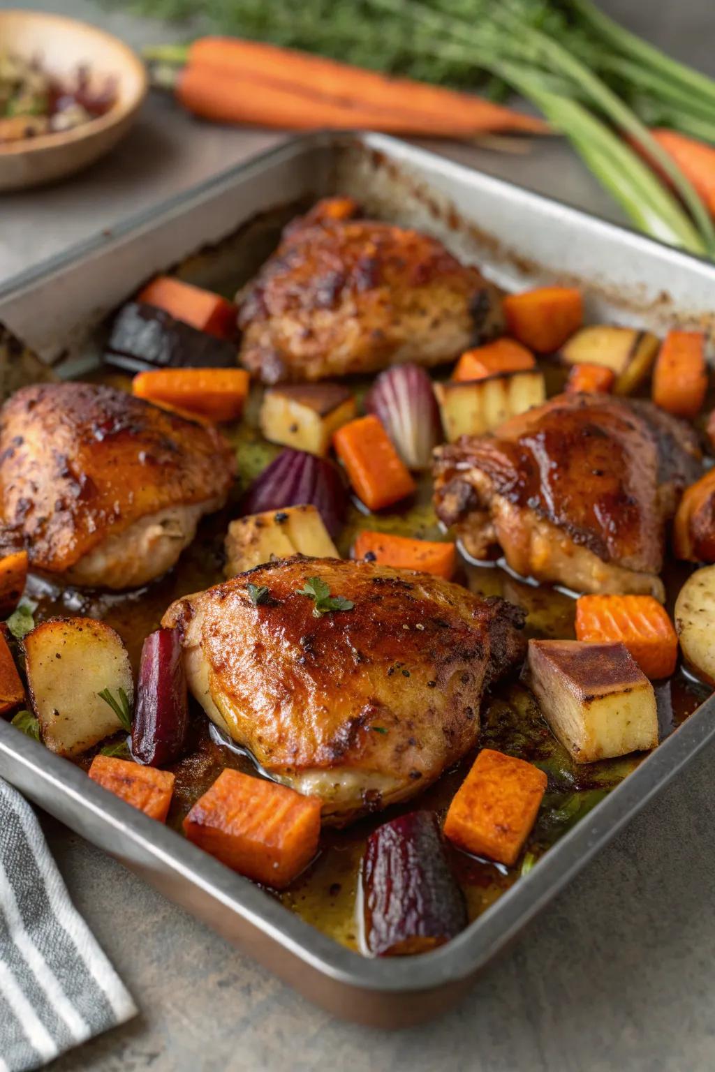 A hearty and flavorful combination of chicken with balsamic and root vegetables.
