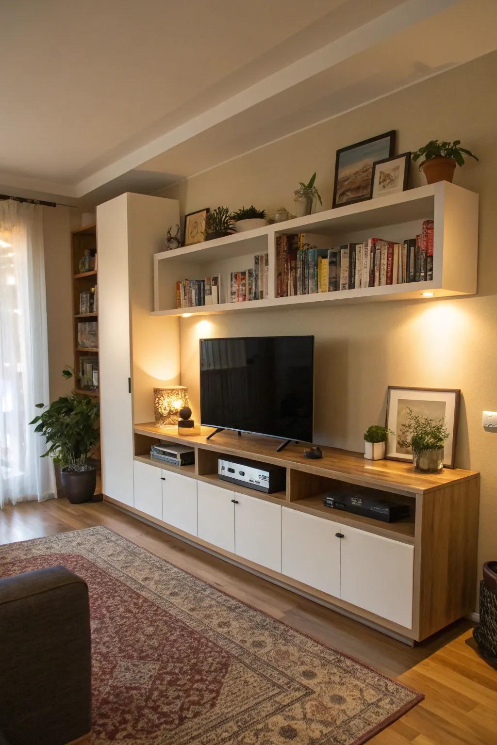 Floating cabinets deliver streamlined storage solutions above the TV.