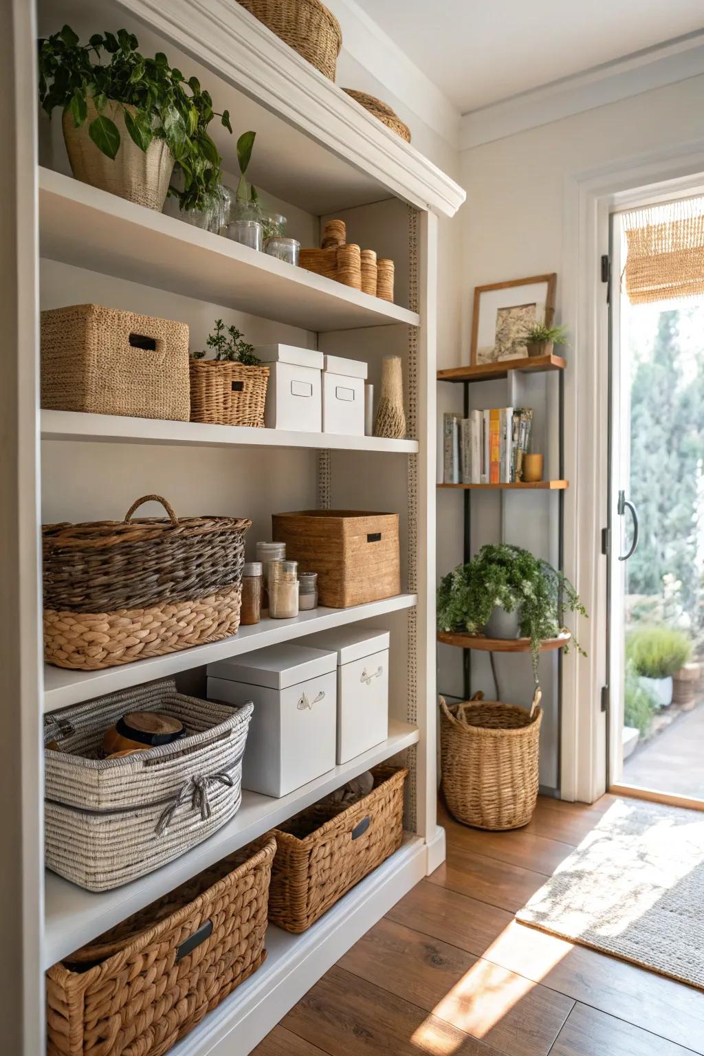 Functional décor adds both utility and charm to shelves.