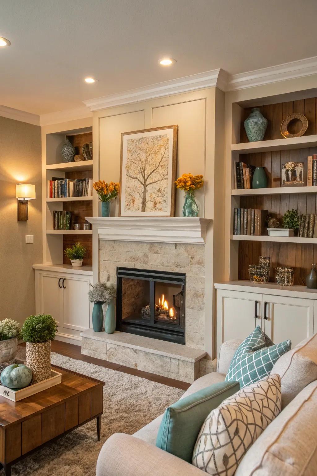 A coordinated hue arrangement enhances the visual appeal of the shelves.