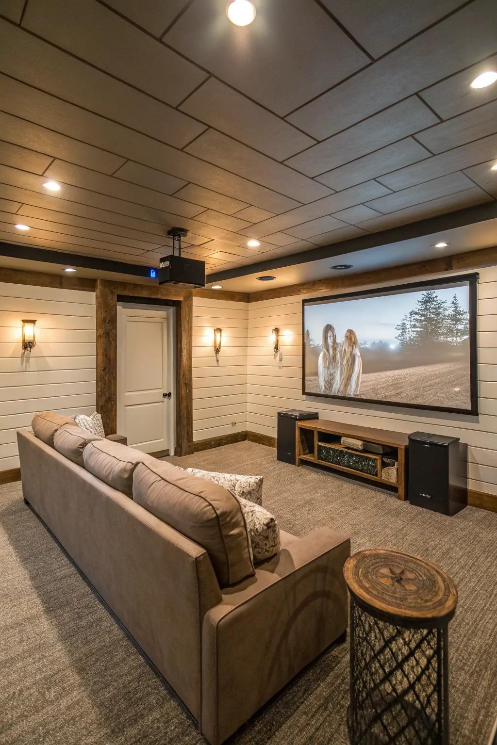 A home cinema in the basement with groove paneling walls and soft seating.
