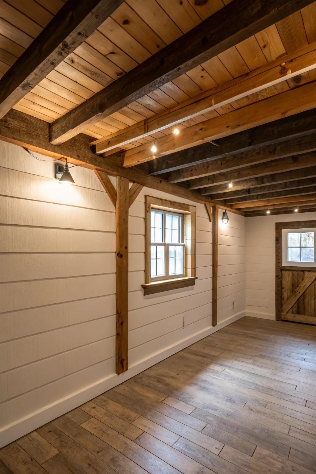 Rustic charm with shiplap and overhead beams.