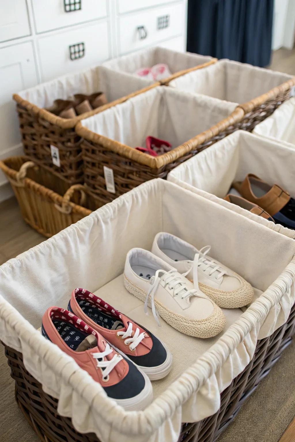 Baskets with liners protect shoes and add a pristine look to storage.
