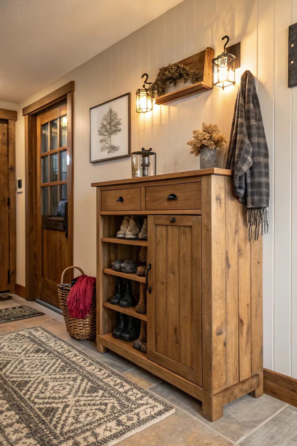 A rustic wooden shoe cabinet adding charm to the entryway.