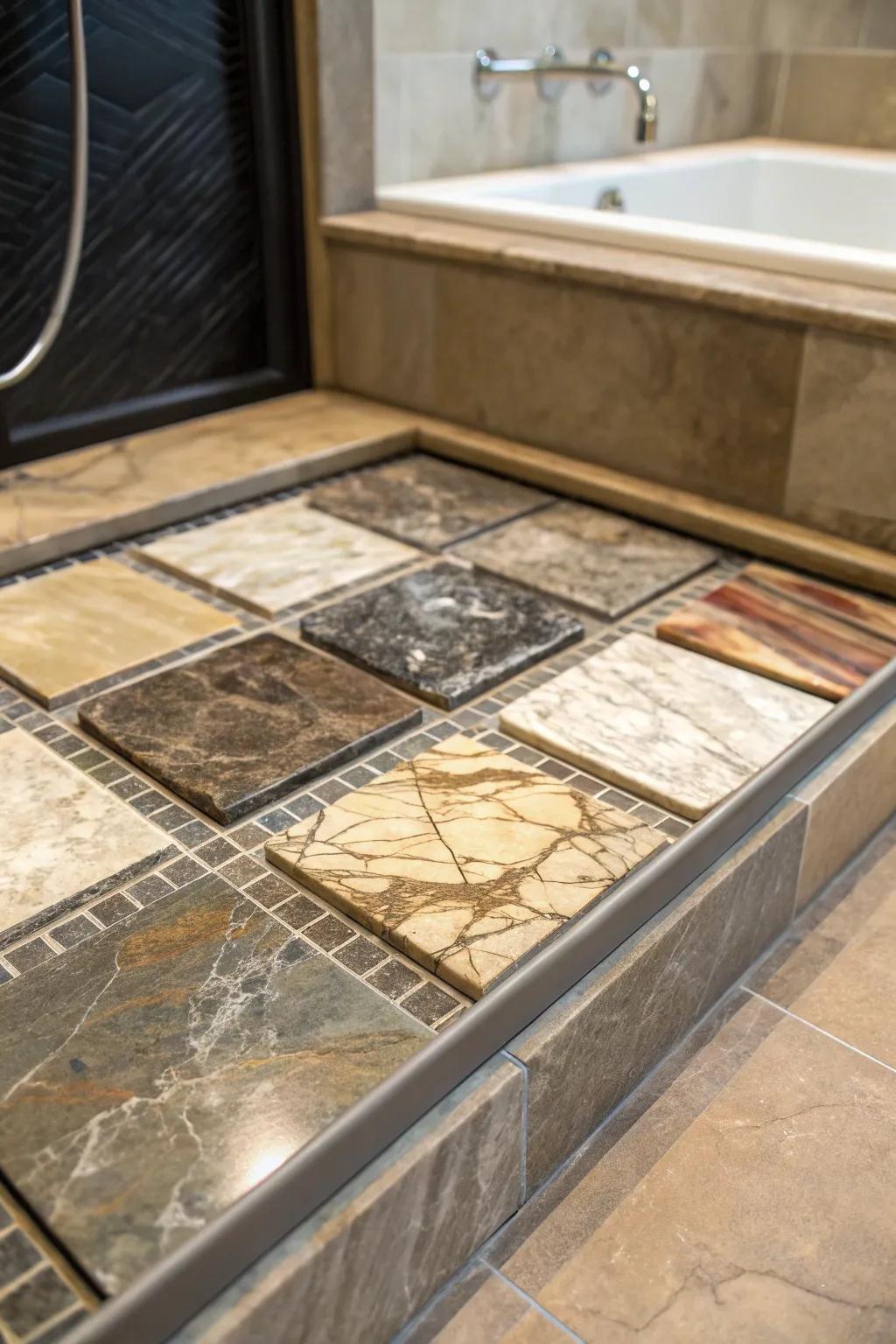 Natural stone tiles with unique designs lend an upscale feel to this luxurious shower base.
