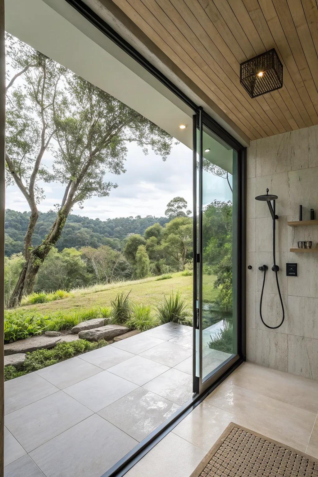 A shower room designed to capture beautiful outdoor views.