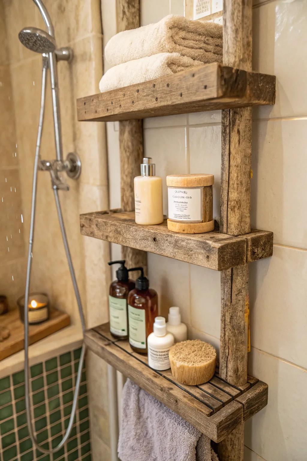 Wooden features bring warmth and character to bathroom spaces.