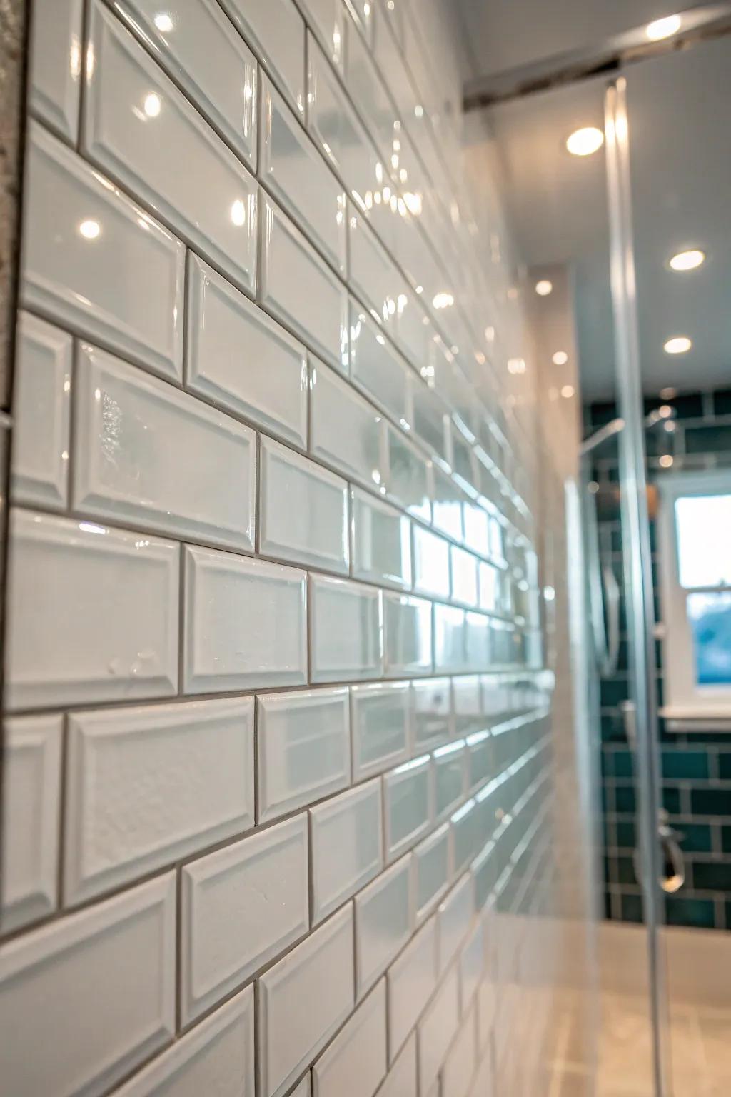 Glass tiles add elegance and brightness to the shower space.