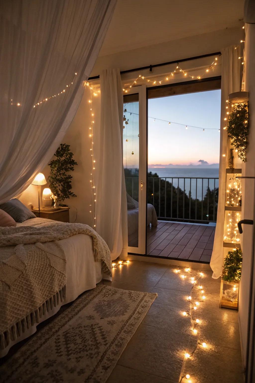 Stylish lighting enhancing the bedroom and balcony.