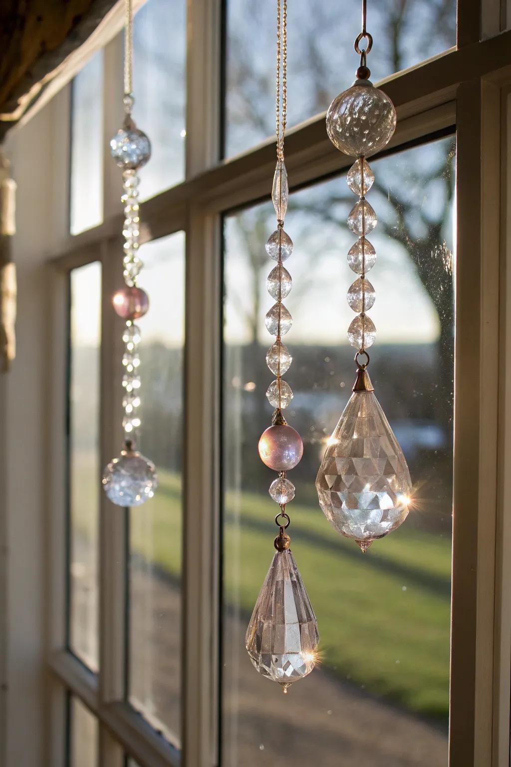 Hanging glass ornaments create a sparkling window display.