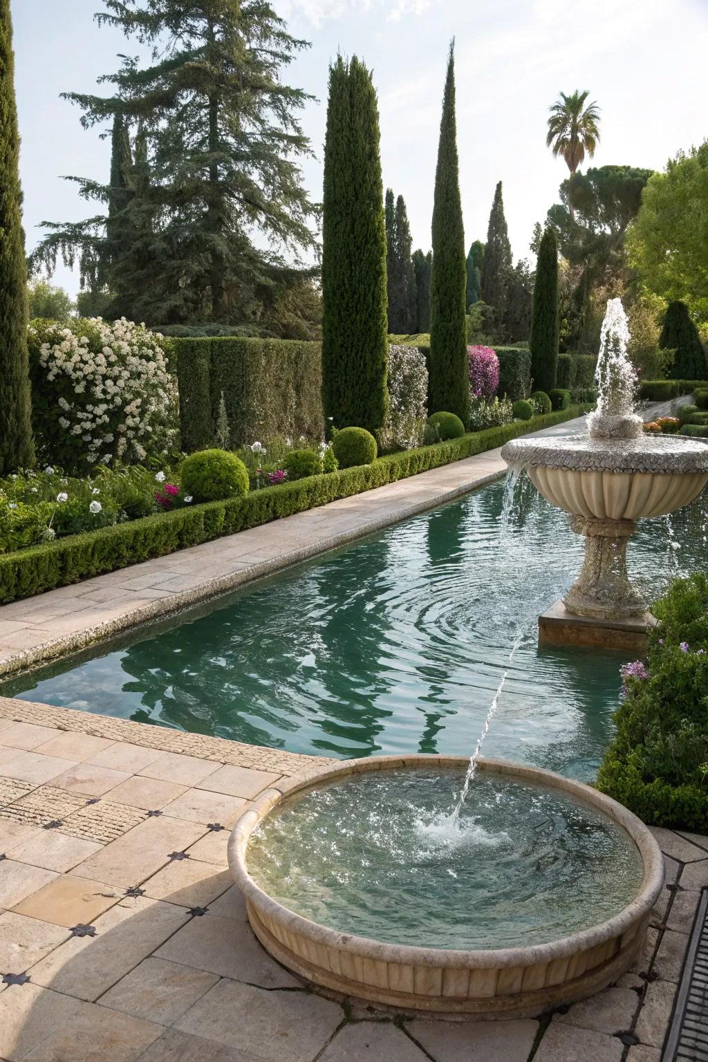 A peaceful water feature adding elegance to the pool area.