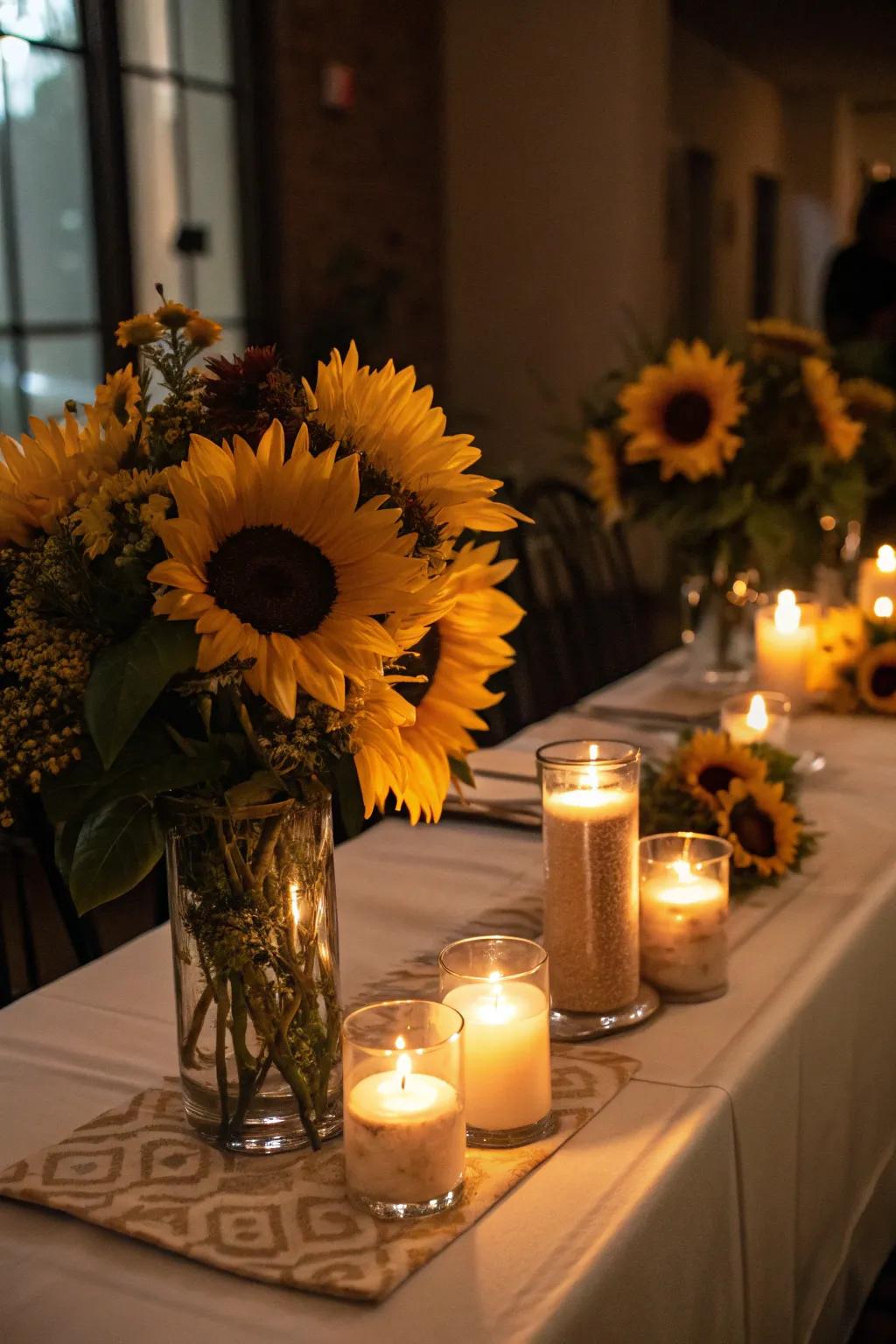 Sunflowers paired with candlelight create a romantic and welcoming atmosphere.
