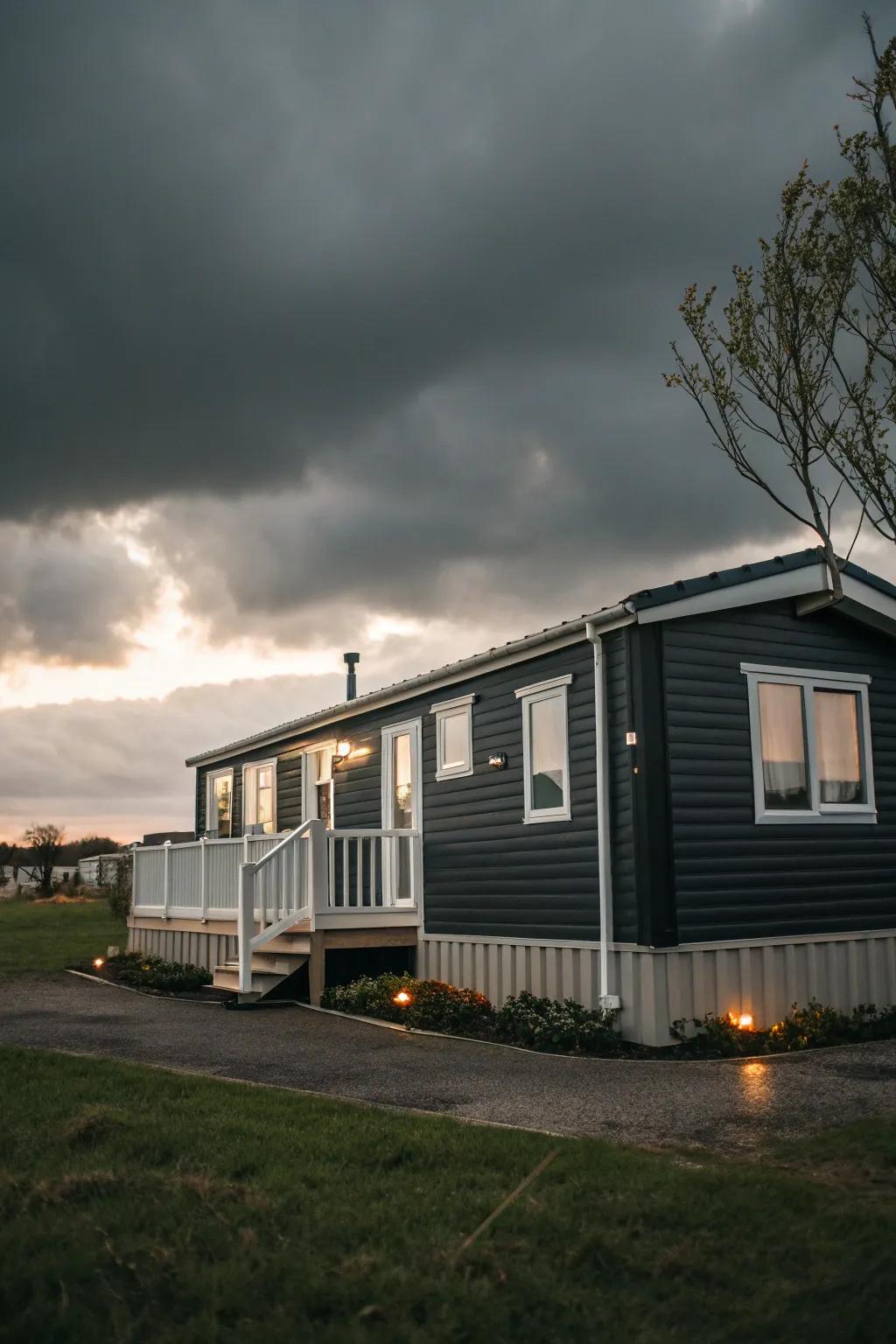 Profound charcoals contribute drama and elegance to your mobile home's front.