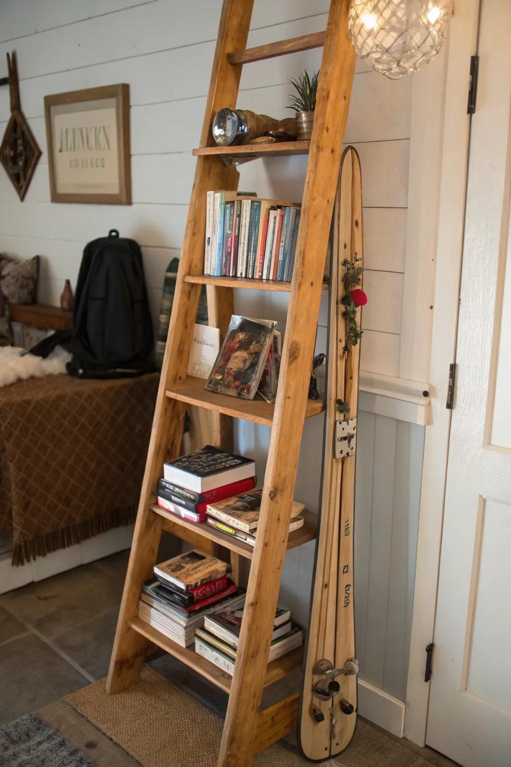 Repurpose a ski ladder into a stylish shelving solution.