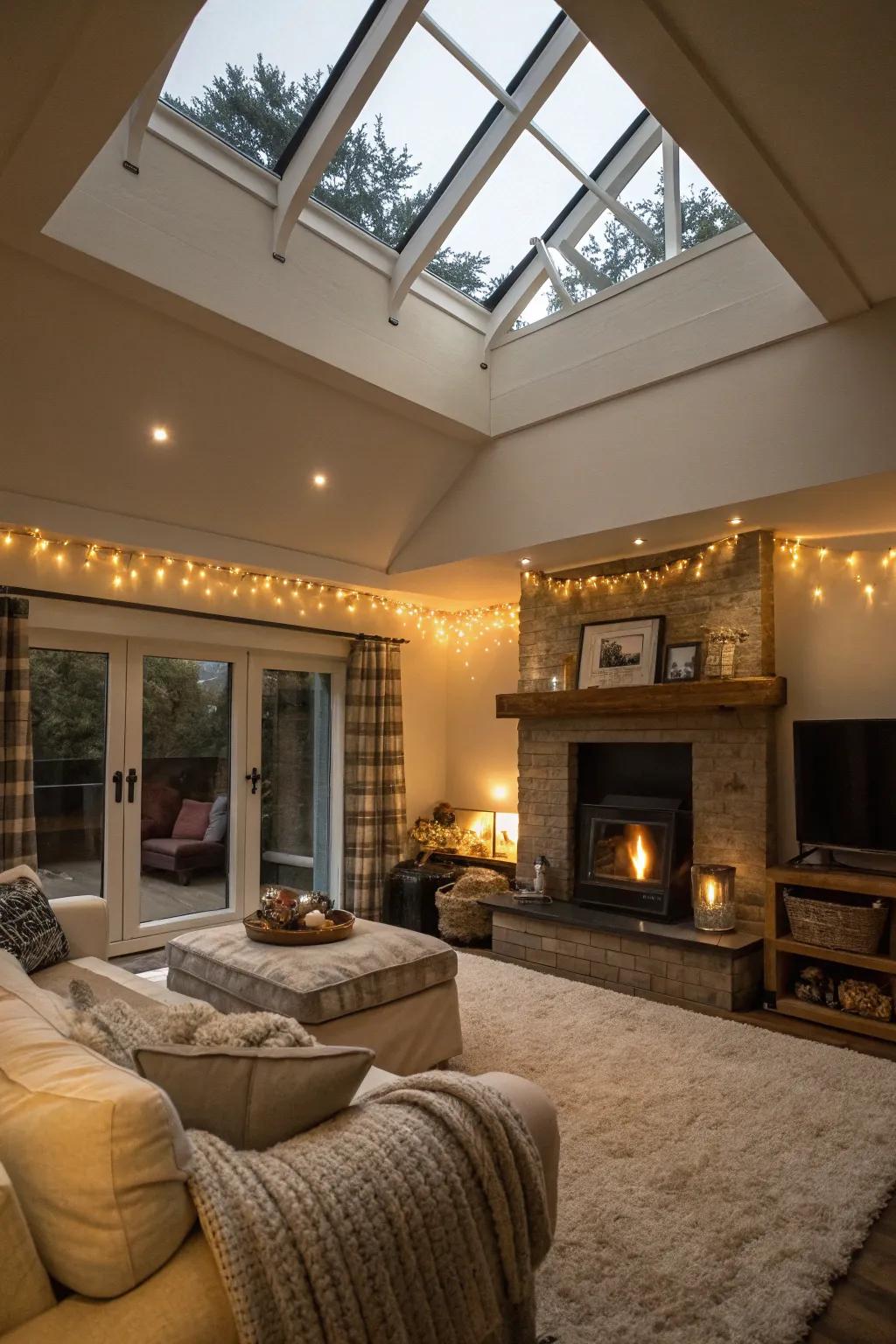 A cozy living area featuring a mix of natural and warm artificial light.