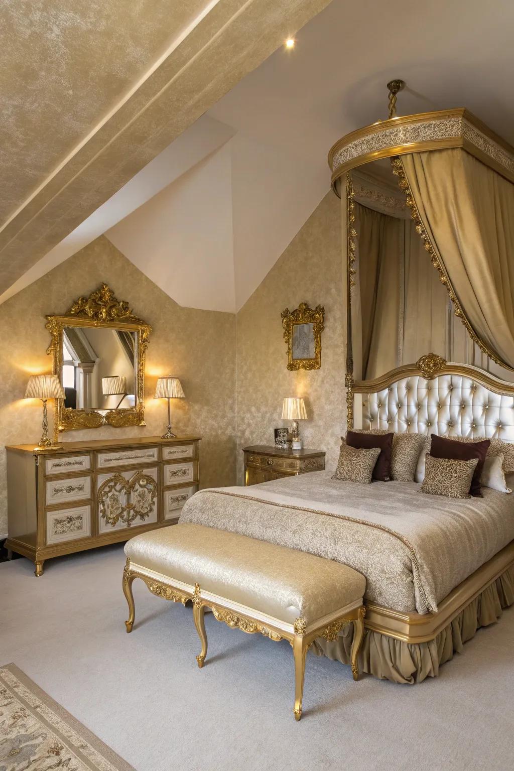 This fashionable bedroom is given a hint of elegance and light by the metallic accents.