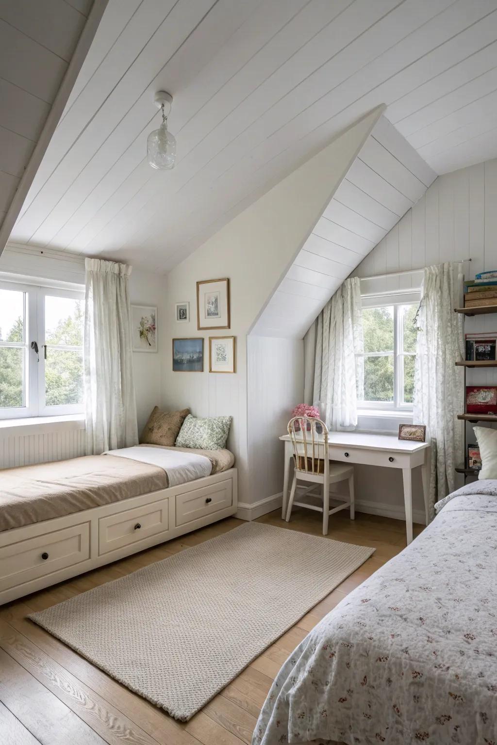Pale hues make this attic bedroom feel spacious and serene.