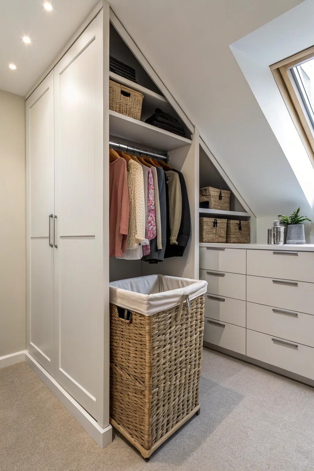 Keep laundry hidden with a built-in hamper.