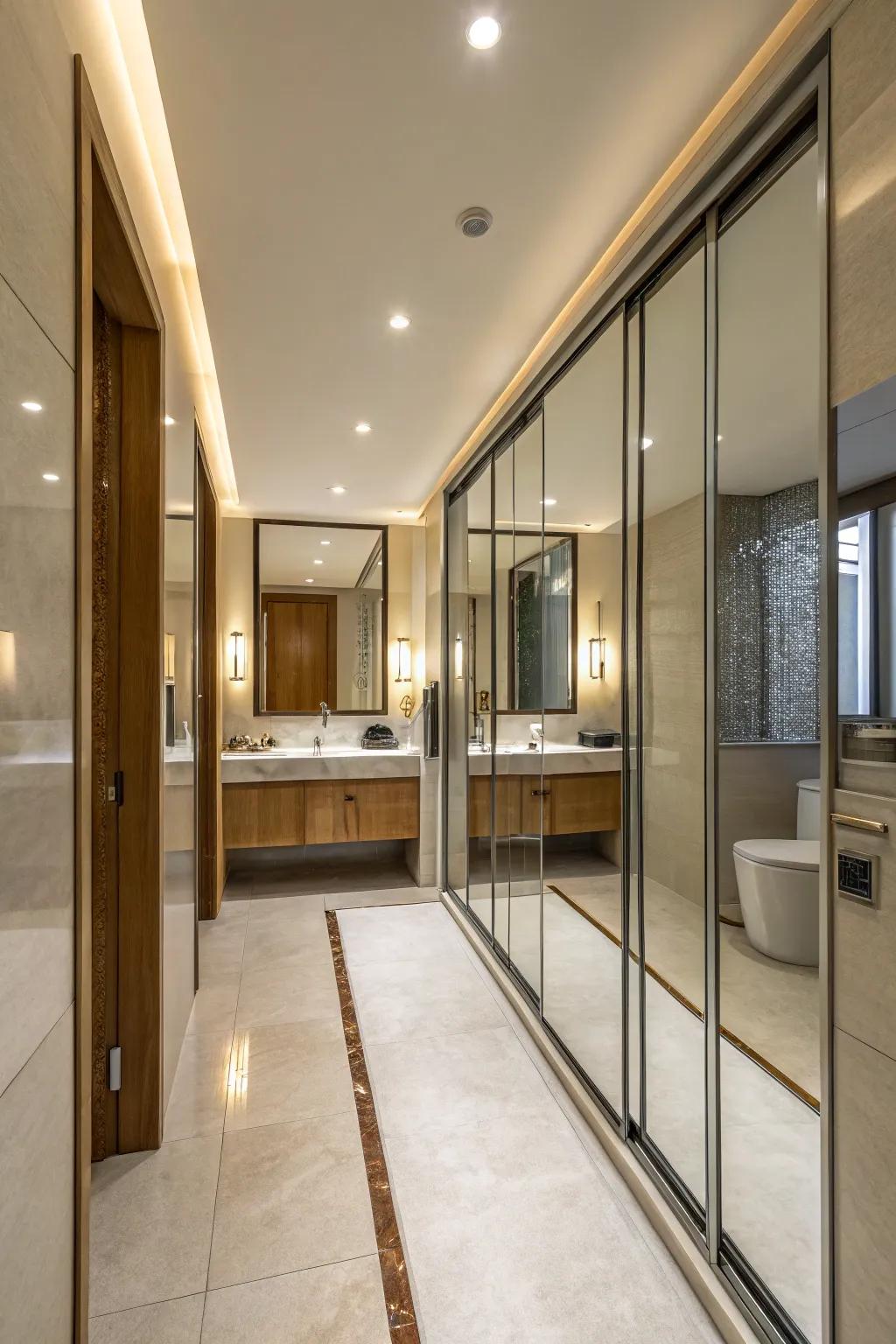 Mirrored sliding doors reflect light, creating a larger and brighter bathroom.