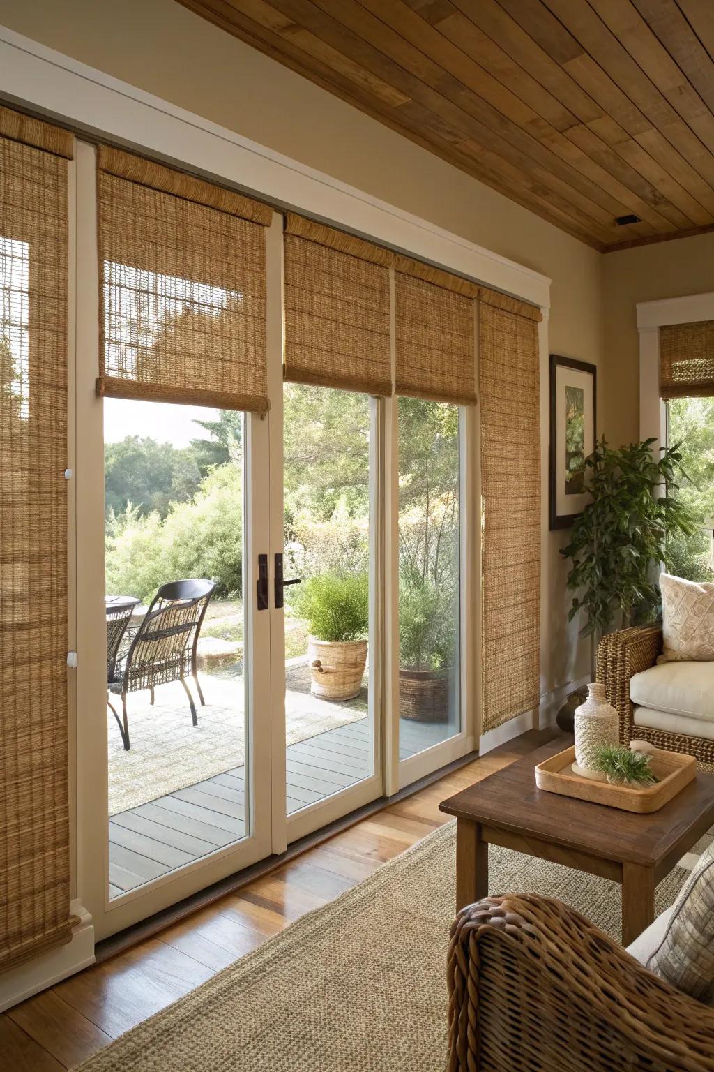 Woven wood coverings provide texture and character.