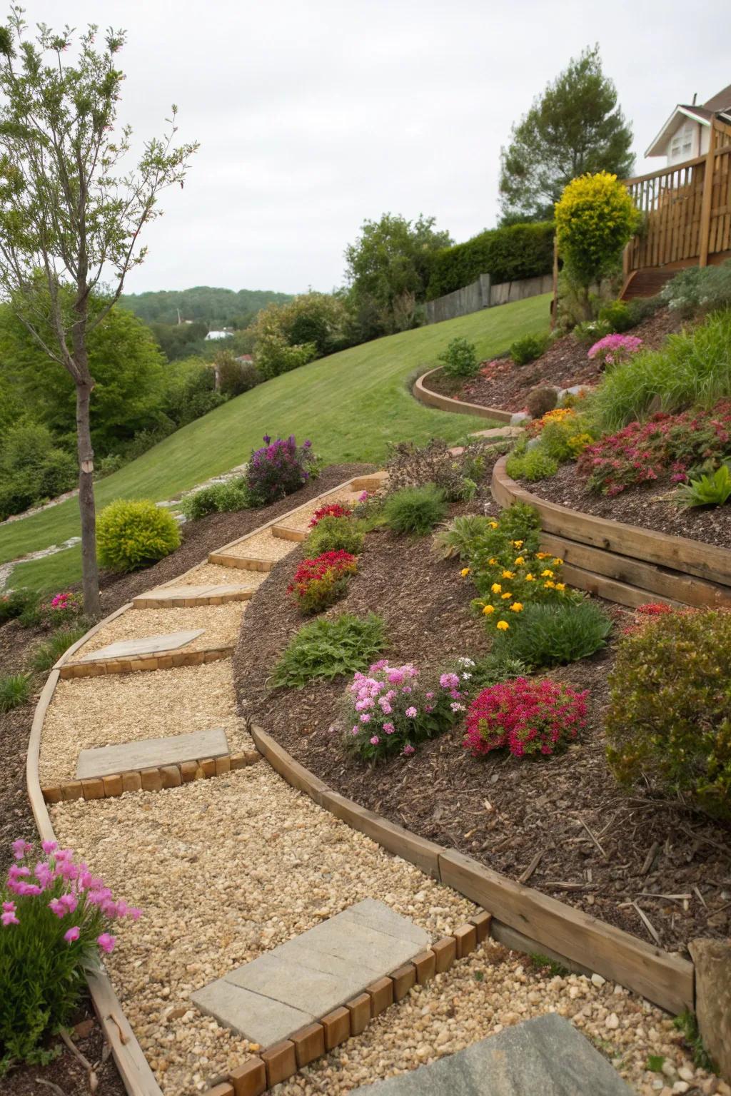 Ornamental chippings and crushed rock append texture to this landscaped gradient.