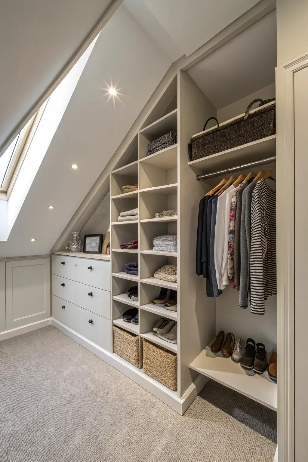 Stepped shelves turn awkward corners into valuable storage space.