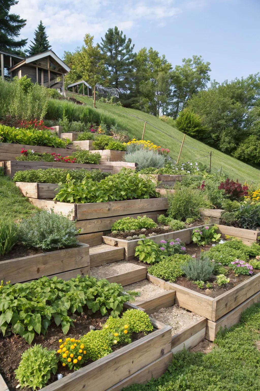 Tiered planting beds provide visual appeal and depth.