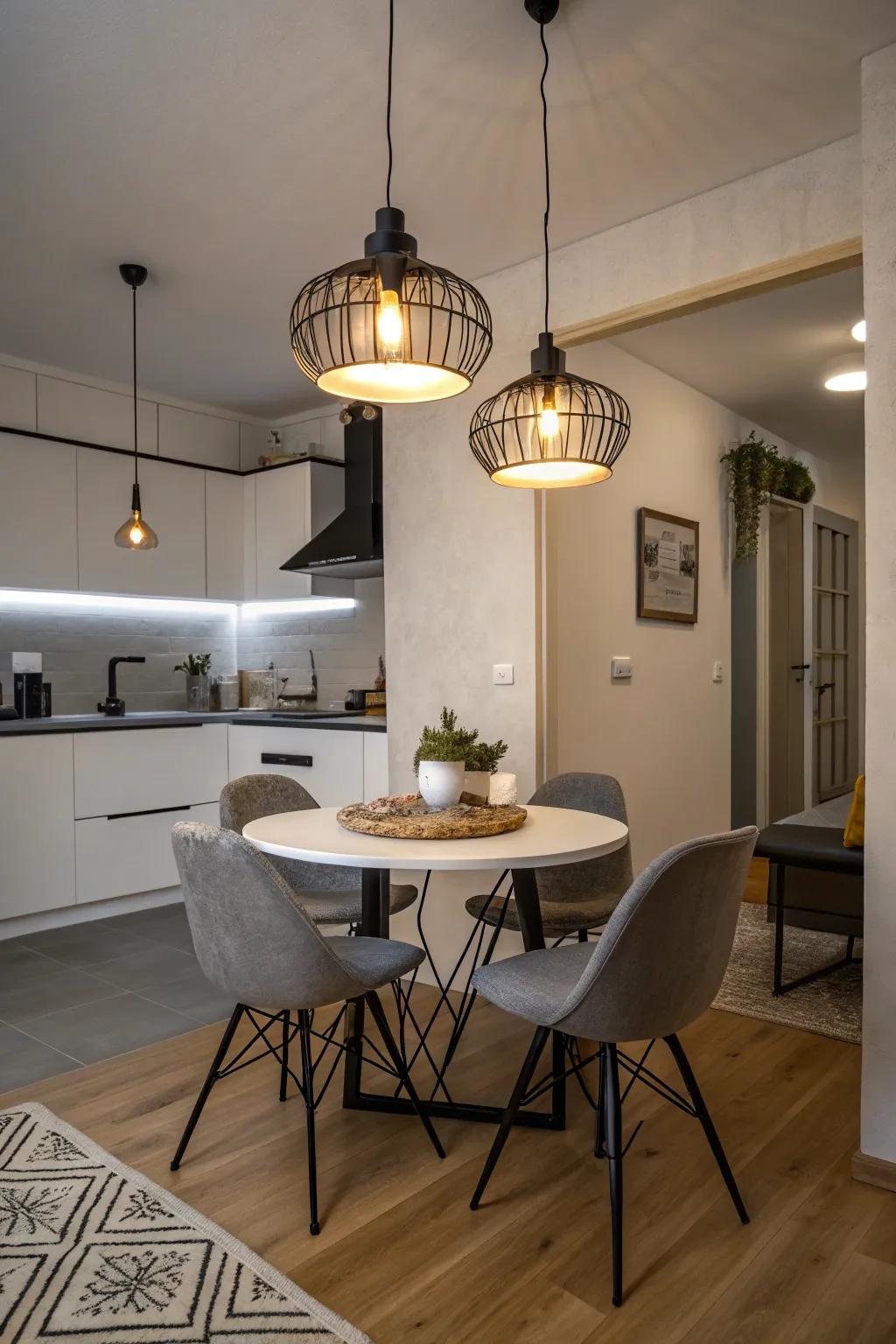 Suspended lighting adds style without occupying floor area.