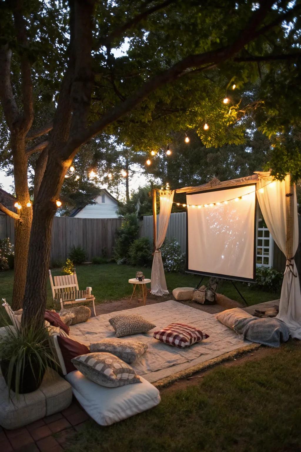 Outdoor movie night setup in a cozy backyard