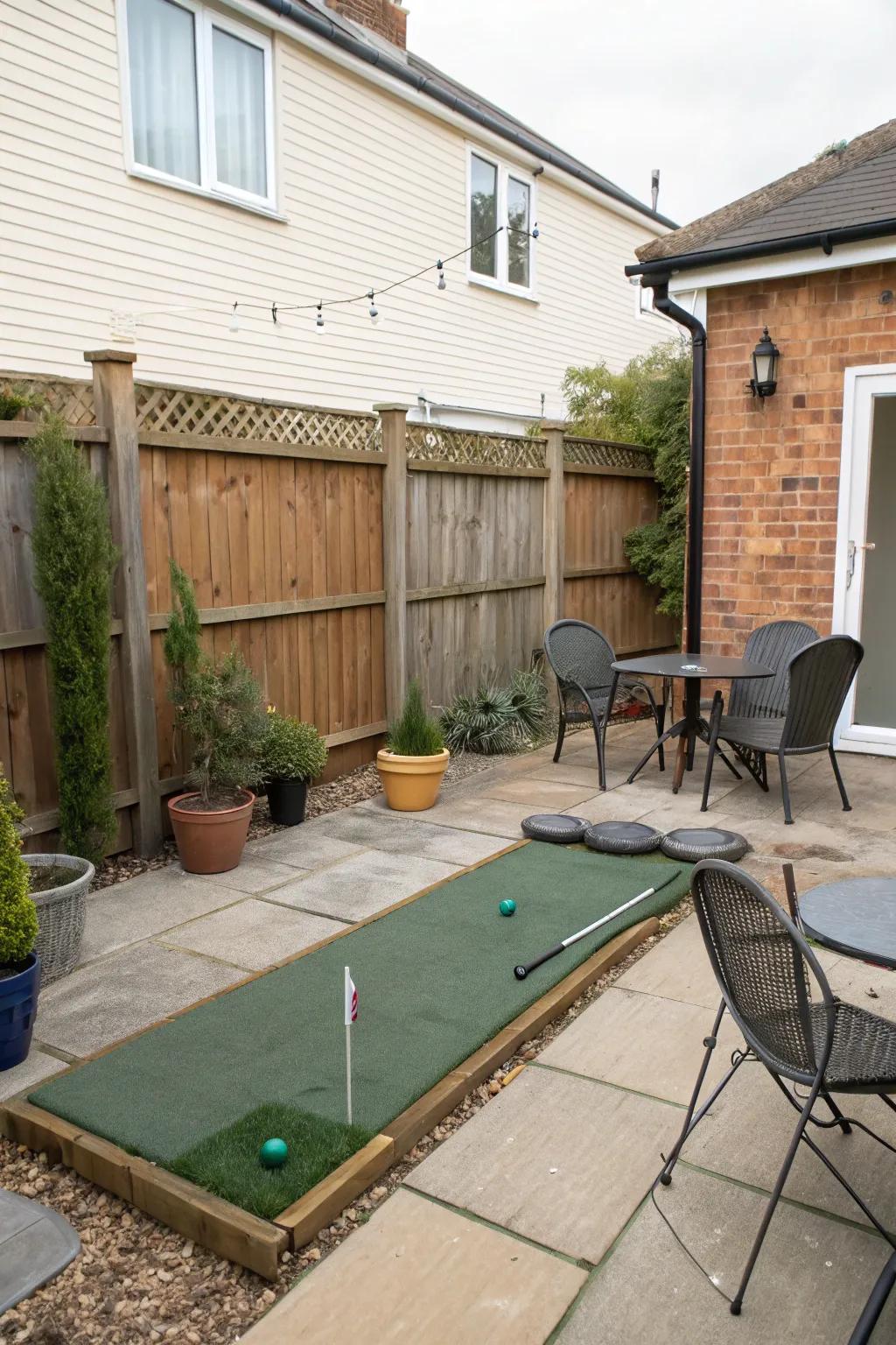 A portable putting mat offering flexibility in a compact space.