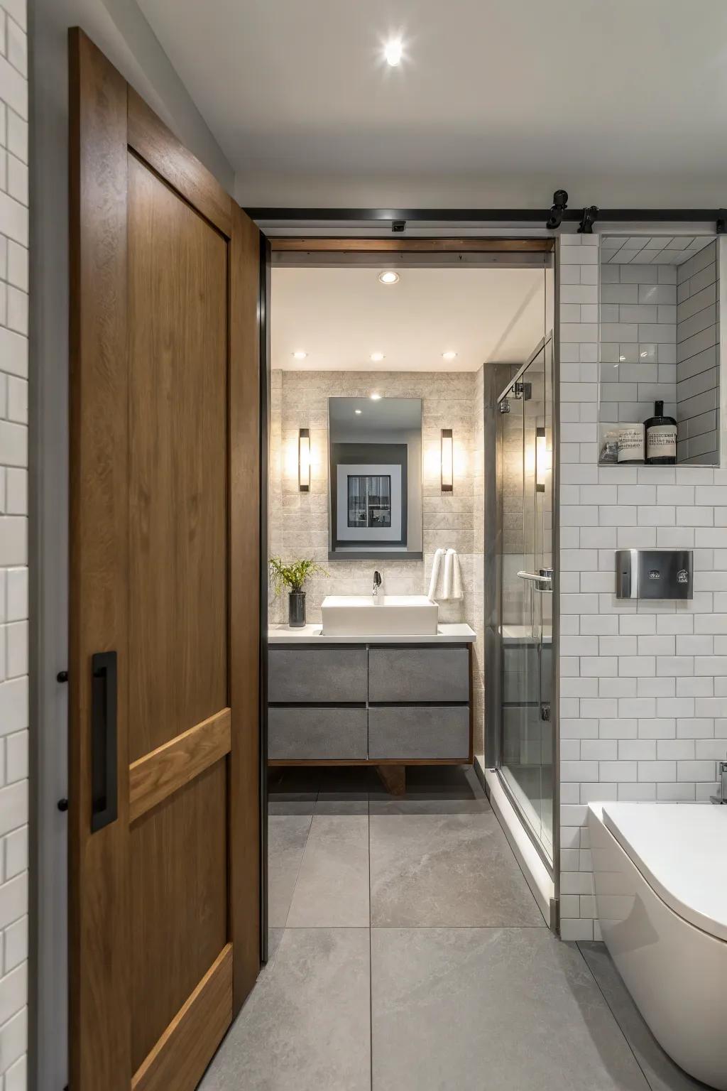 A sliding door improves area efficiency in a compact bathroom.