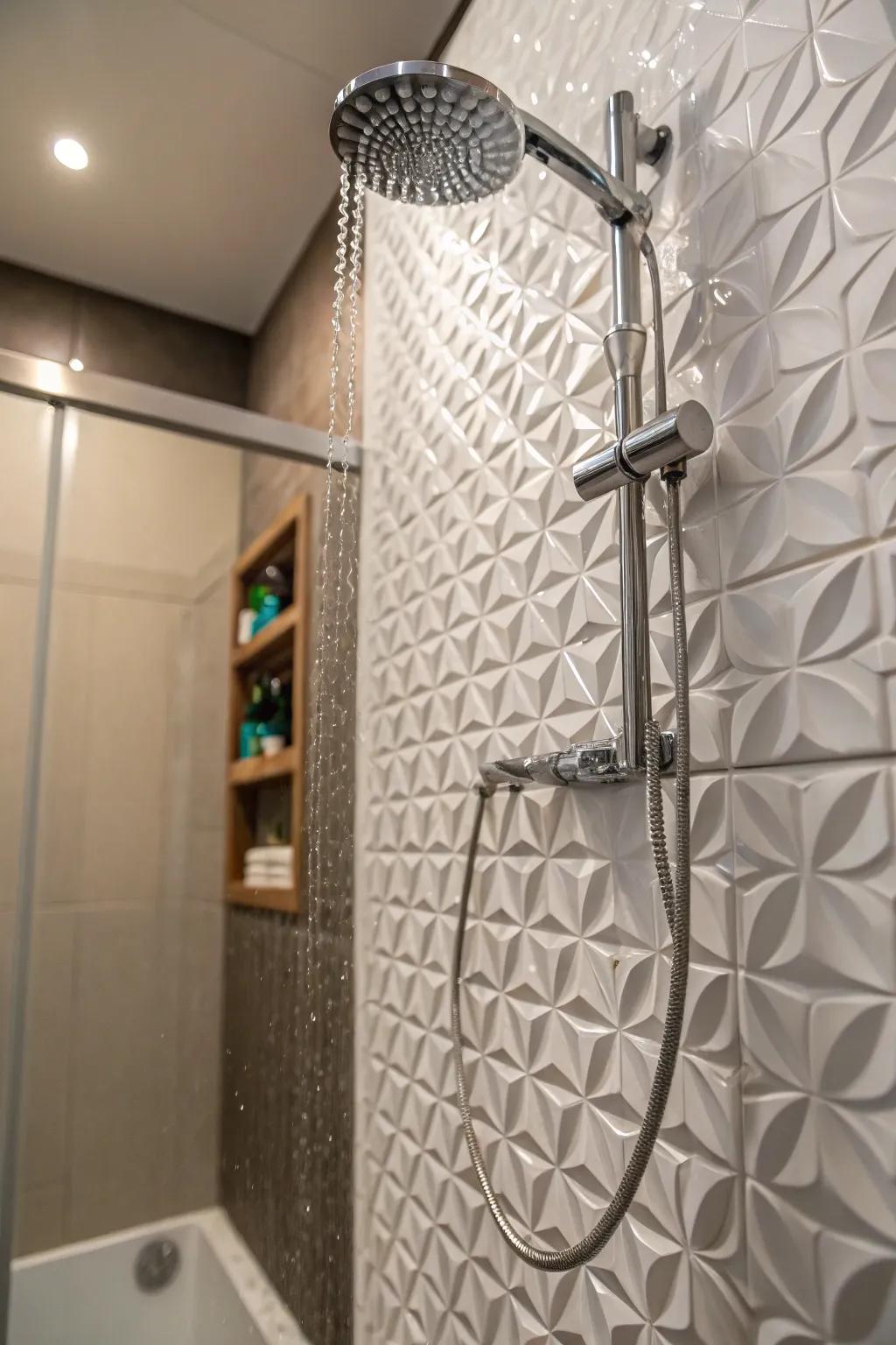 3D stones contribute a tactile and visual aspect to shower spaces.