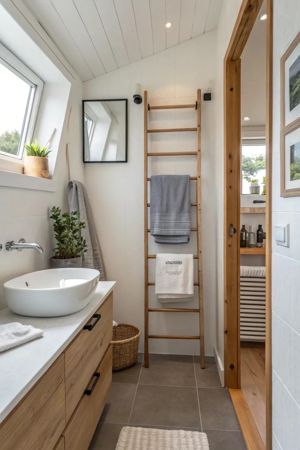 Small towel ladders make the most of wall space in style.