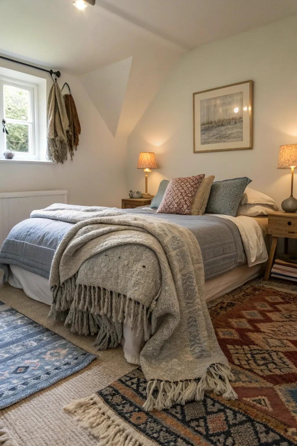 A small bedroom enhanced with layered rugs and textiles for warmth.