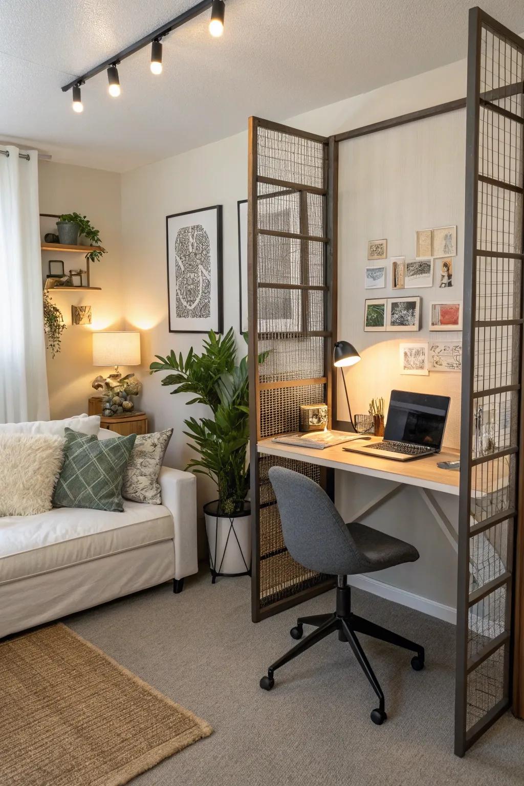 Room dividers help balance work and rest zones.