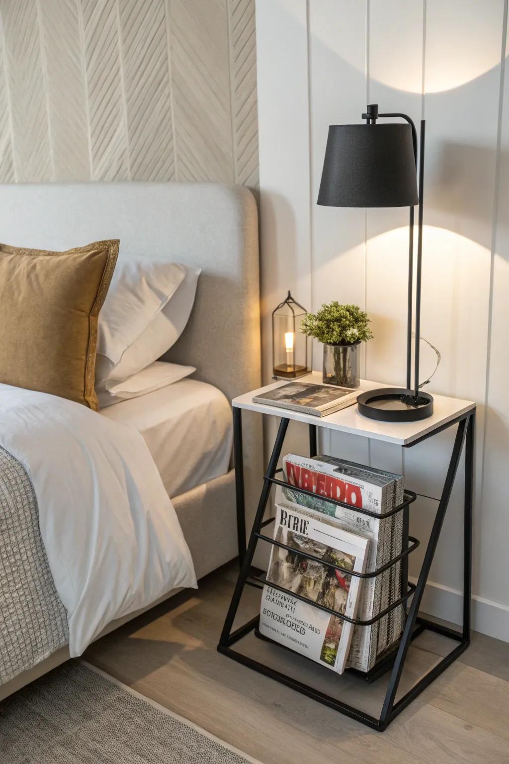 A magazine rack serves as a dual-purpose bedside table.