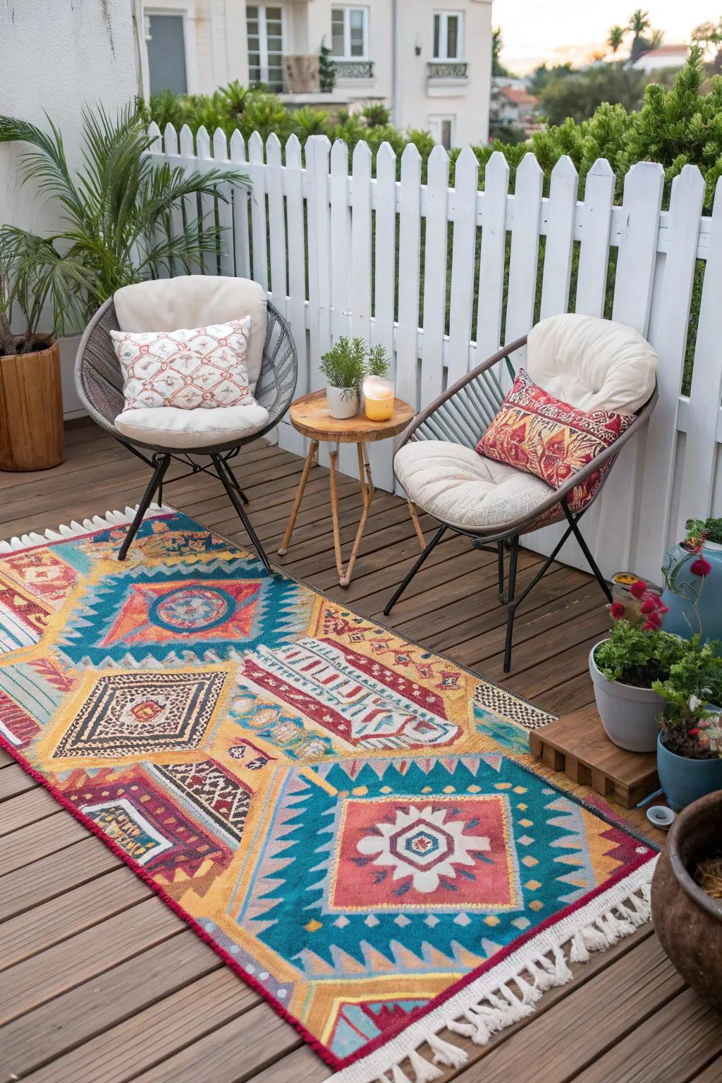 A vibrant outdoor carpet defines the space and adds vibrancy.