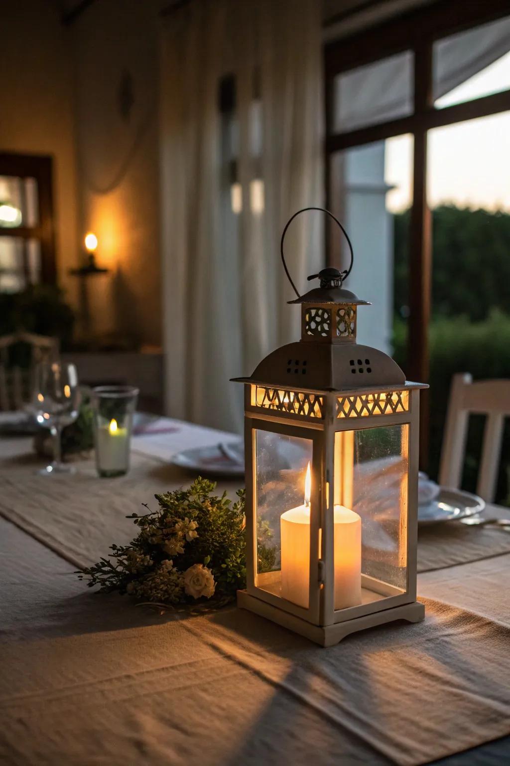 A lantern centerpiece that adds warmth and appeal to your table.