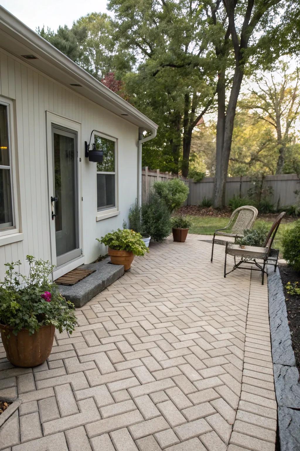 Herringbone layouts impart sophistication to any patio.