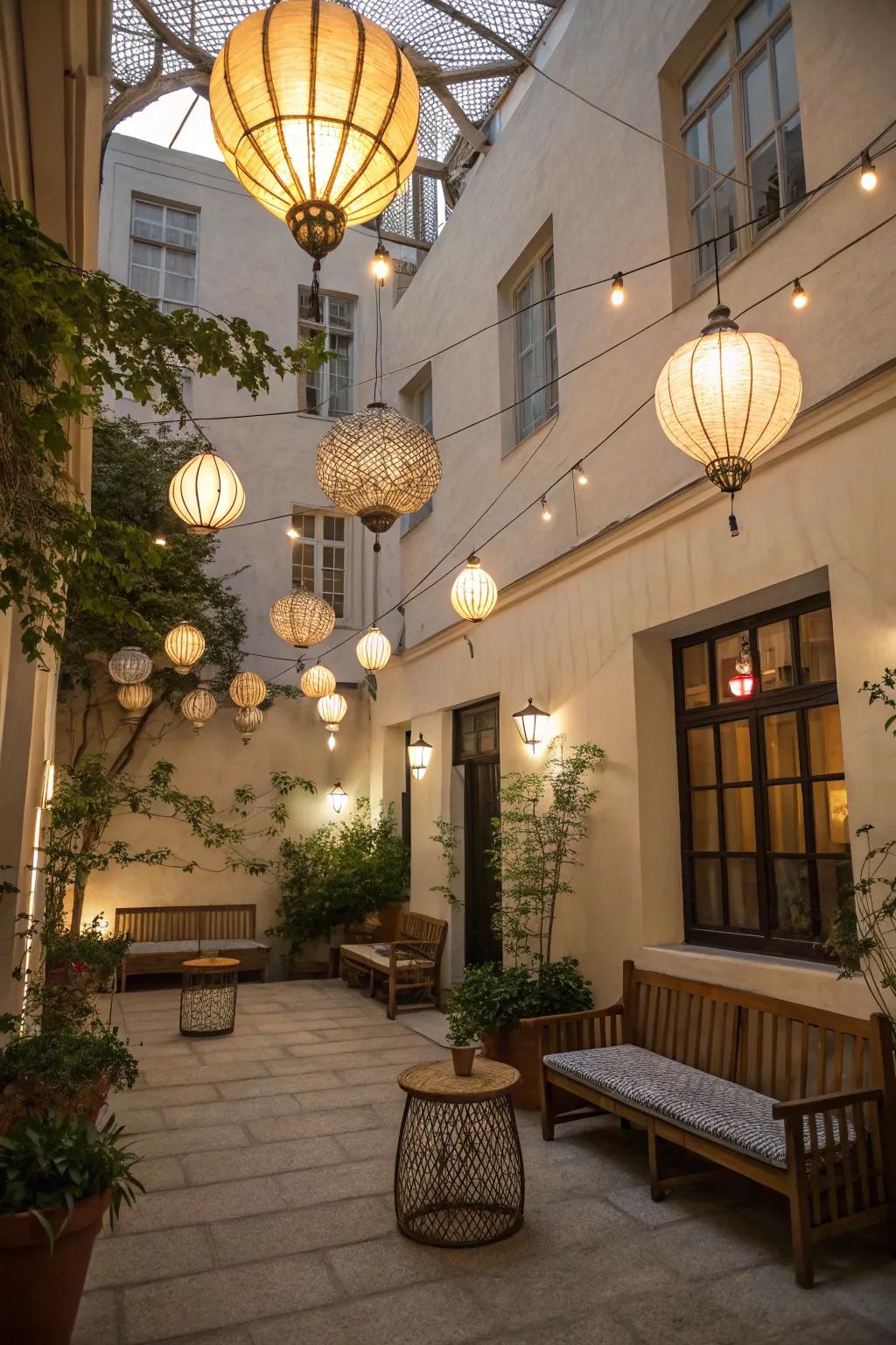 Dangling lanterns introduce whimsy and warmth to outdoor spaces.