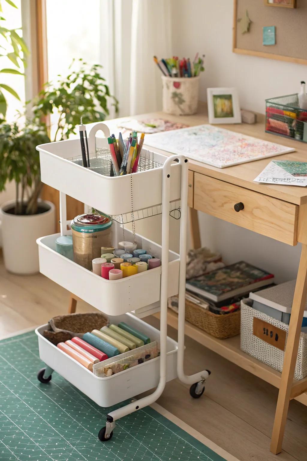 A rolling cart provides storage that can be moved as needed.
