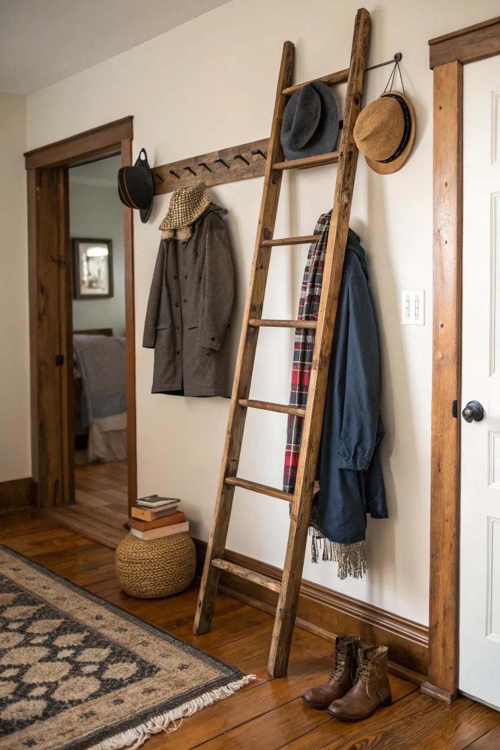 A rustic ladder brings charm and utility to small areas.