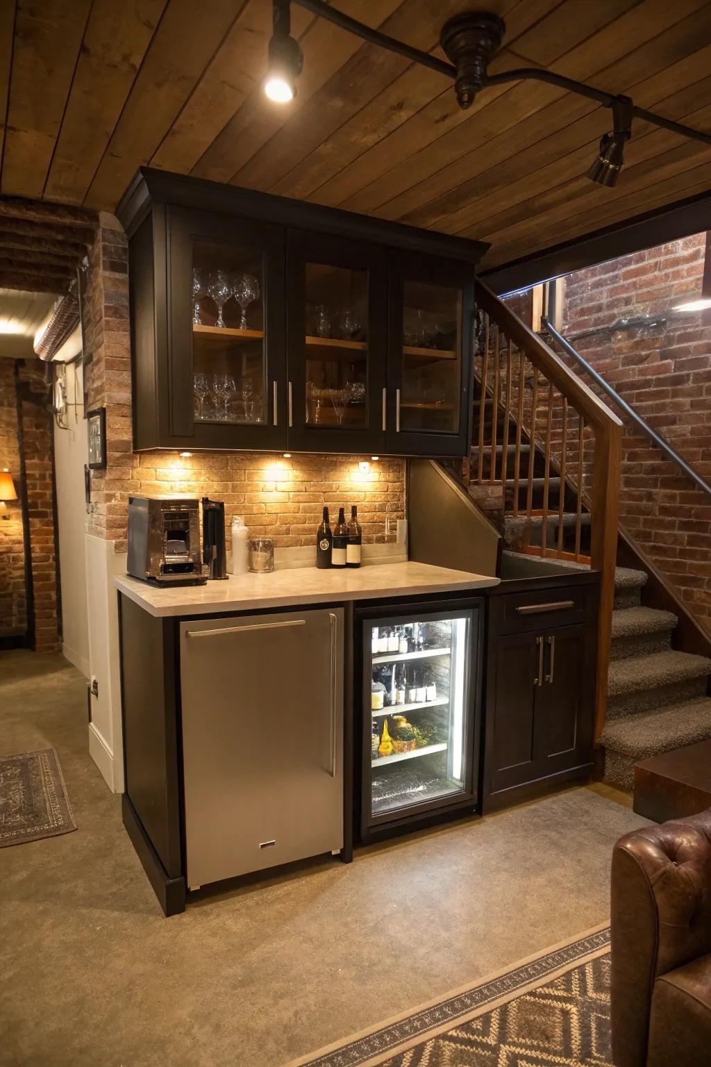 Turn your basement into a social hub with a small bar setup.
