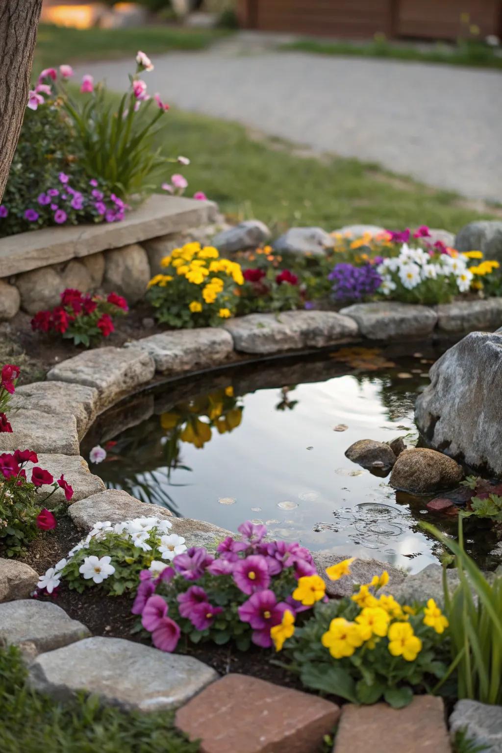 A serene compact flower bed showcasing a miniature pond.