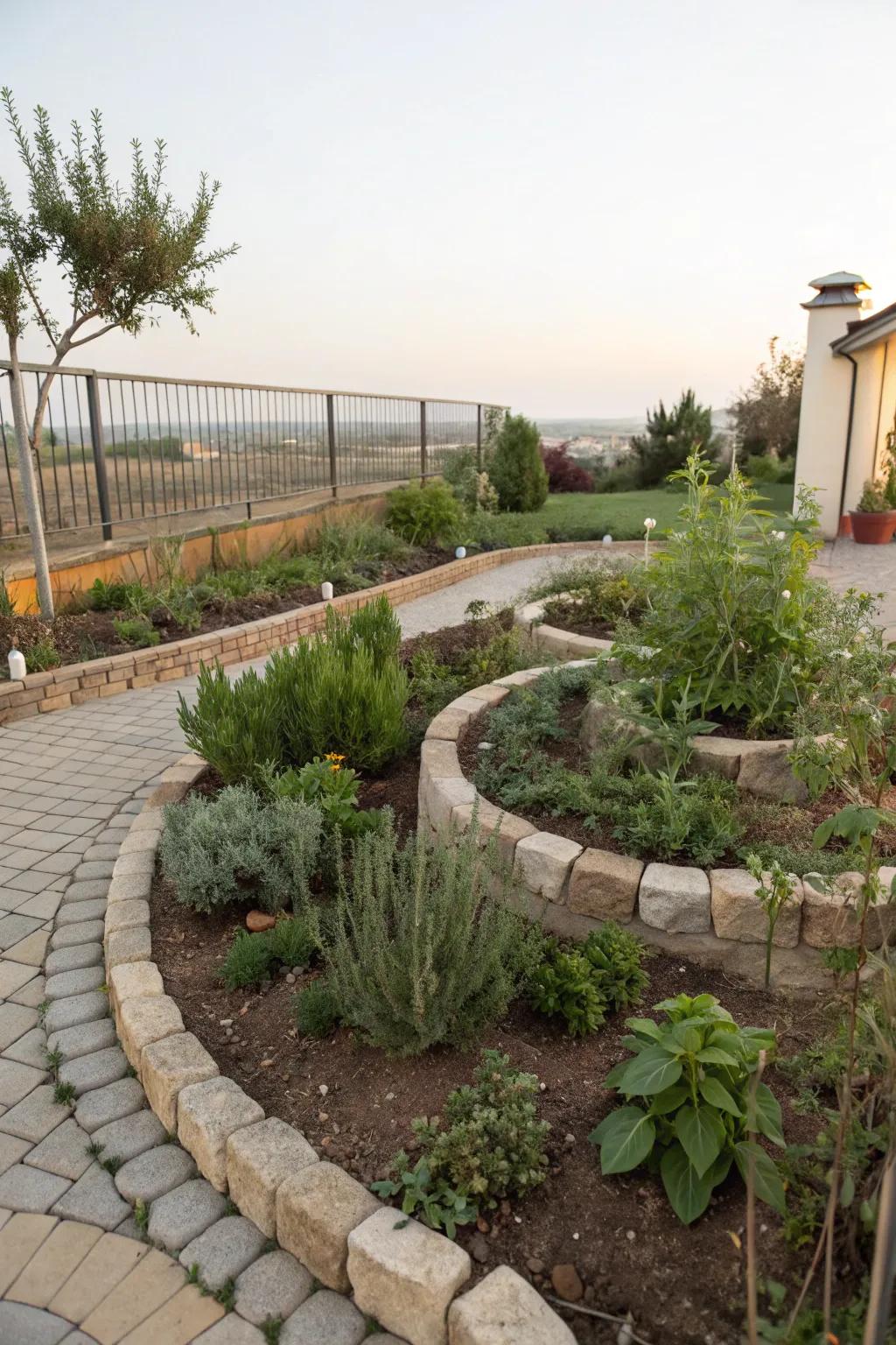 A spiral herb garden offers culinary pleasures and visual interest.