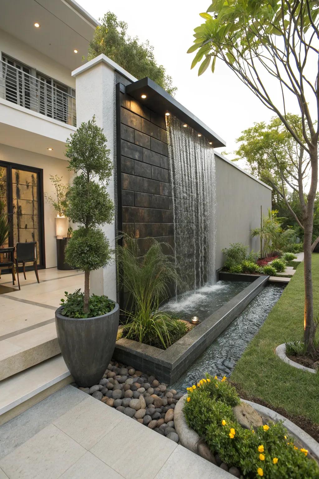 A cascading water wall offers a dramatic visual element.