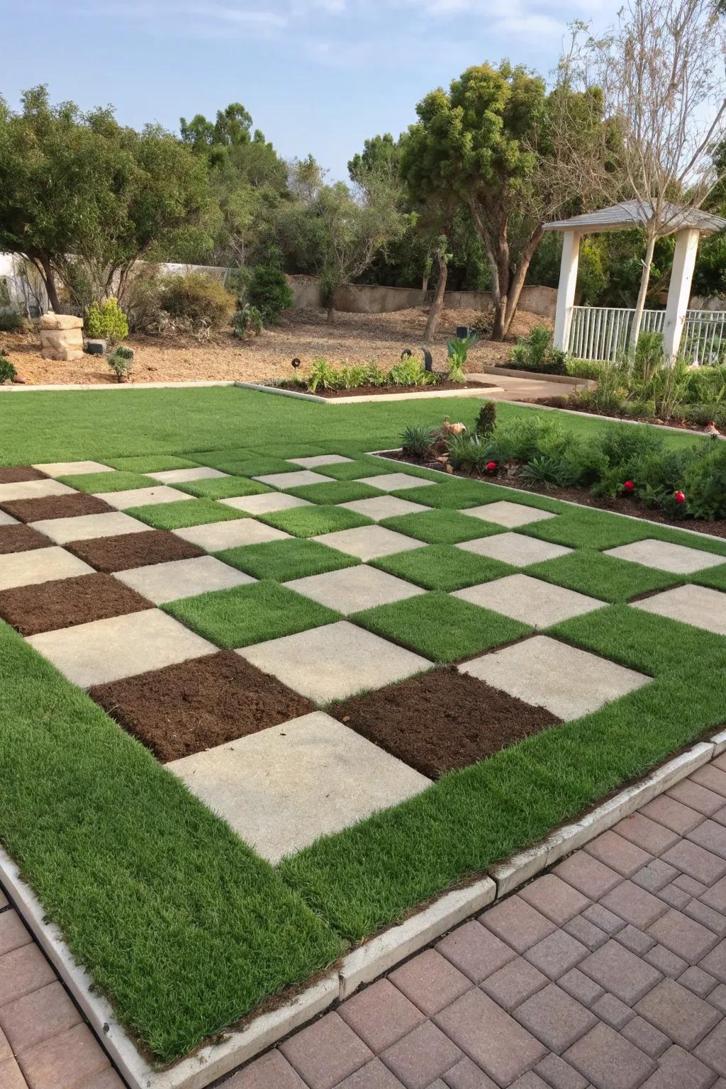 An engaging checkerboard pattern using synthetic turf.