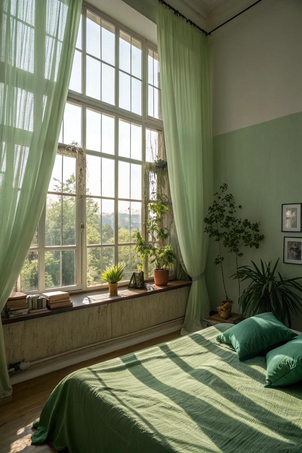 Natural light enhances the vibrancy of a verdant bedroom.