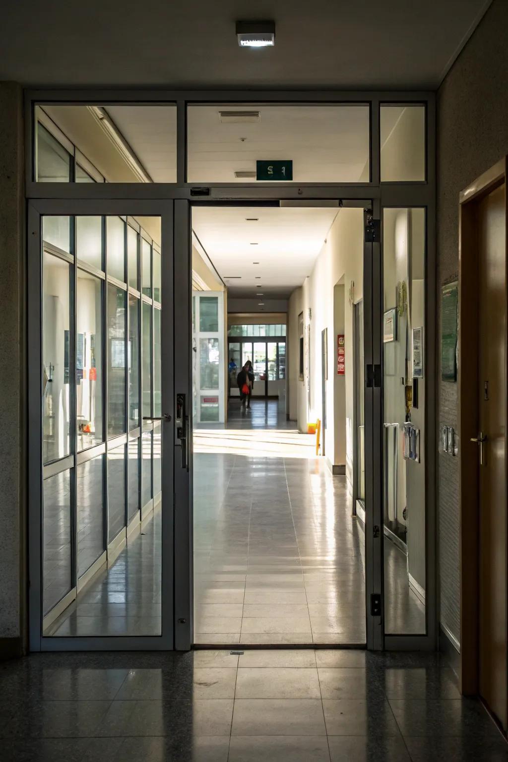 Glass doors allow natural light to stream through, creating a bright and welcoming ambiance.